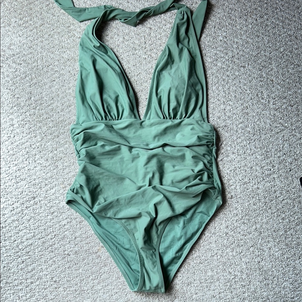 Cupshe Sage Green Halter Ruched One-Piece Swimsuit